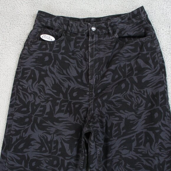 H&M No Fear Pants Womens 8 Black Wide Leg Loose Fit Twill All Over Print 29 x 31 - Picture 5 of 16